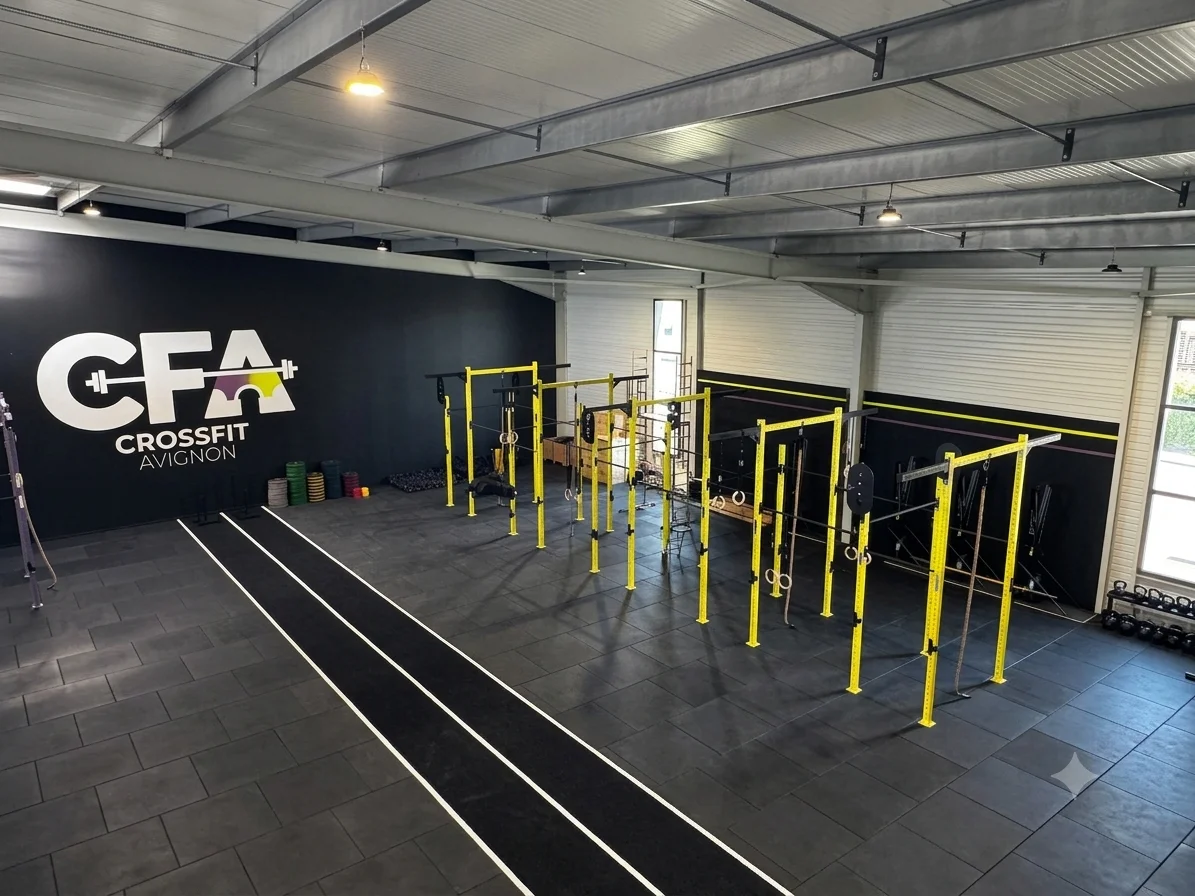 Vue d’ensemble de la box CrossFit Avignon avec ses structures de gymnastique et son espace d’entraînement